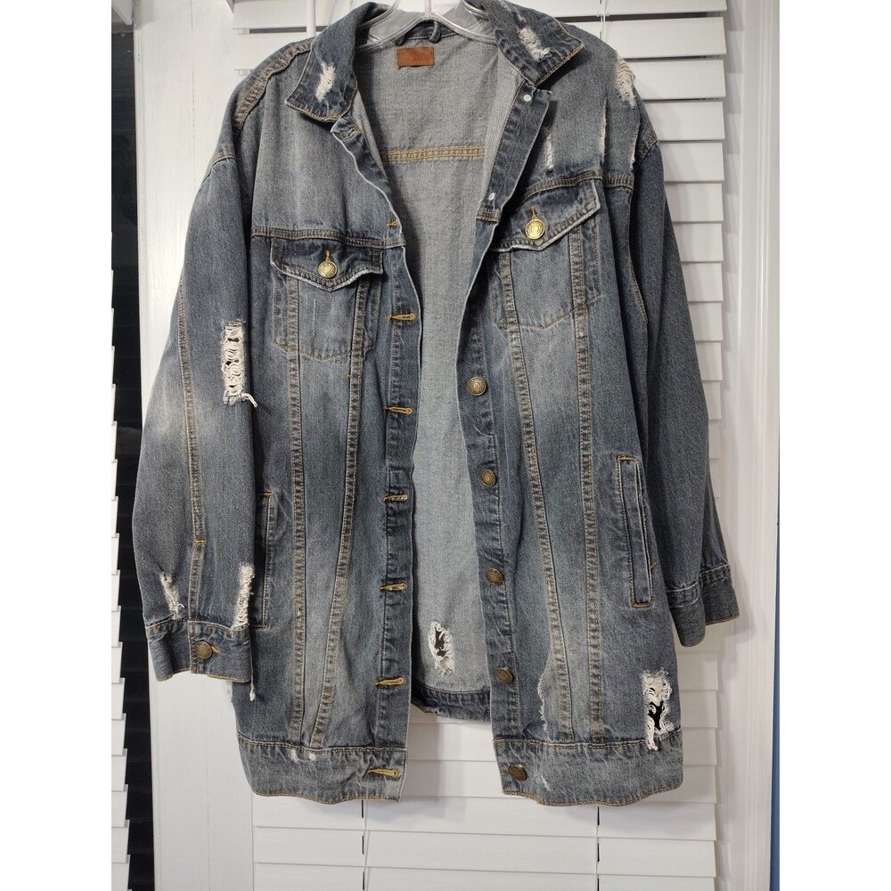 Pol Womens Blue Collared Long Sleeve Distressed Long Denim Jacket Size Medium
